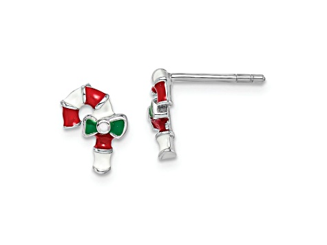 Rhodium Over Sterling Silver Enamel Candy Cane Post Earrings