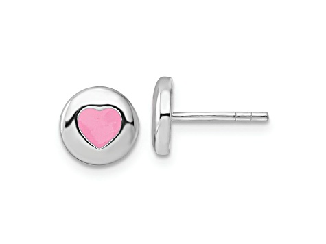 Rhodium Over Sterling Silver Pink Enamel Heart Circle Post Earrings