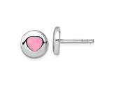 Rhodium Over Sterling Silver Pink Enamel Heart Circle Post Earrings