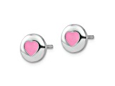 Rhodium Over Sterling Silver Pink Enamel Heart Circle Post Earrings