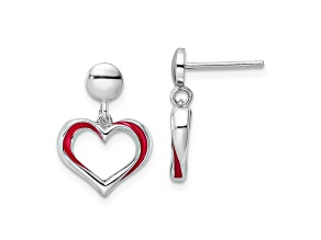 Rhodium Over Sterling Silver Red Enamel Open Heart Dangle Earrings