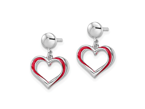 Rhodium Over Sterling Silver Red Enamel Open Heart Dangle Earrings