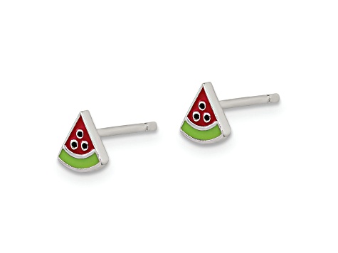 Rhodium Over Sterling Silver Enameled Watermelon Post Earrings