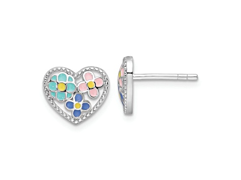 Rhodium Over Sterling Silver  Multi-color Enamel Floral Heart Post Earrings