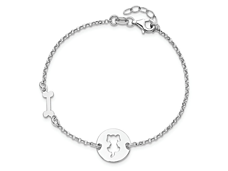 Sterling Silver Rhodium-plated Puppy and Bone with 0.5 Inch Extension Bracelet