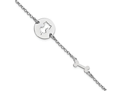 Sterling Silver Rhodium-plated Puppy and Bone with 0.5 Inch Extension Bracelet