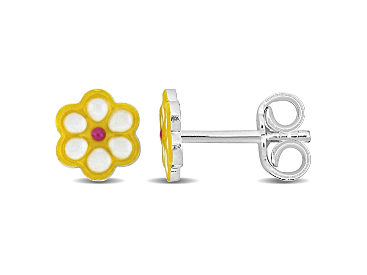 Children's Yellow Enamel Flower Stud Earrings in Sterling Silver