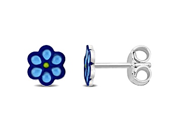 Picture of Children's Blue Enamel Flower Stud Earrings in Sterling Silver