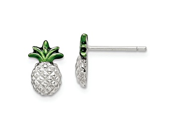 Picture of Rhodium Over Sterling Silver Pineapple with Green Enamel Post Earrings