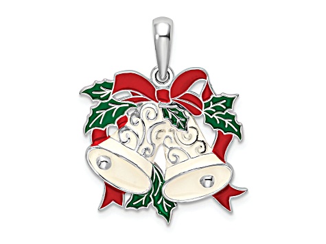 Sterling Silver Polished Enameled Bells and Holly Pendant