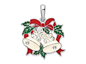 Sterling Silver Polished Enameled Bells and Holly Pendant
