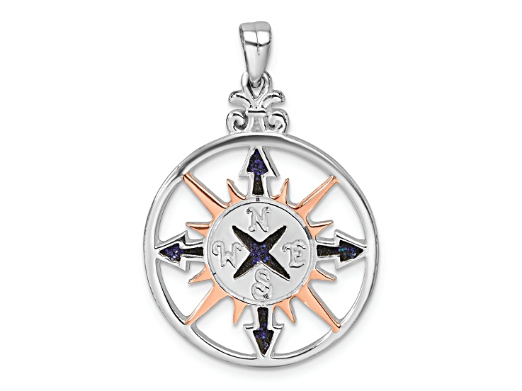 Rhodium Over Sterling Silver Polished Enameled Compass Rose-tone Pendant