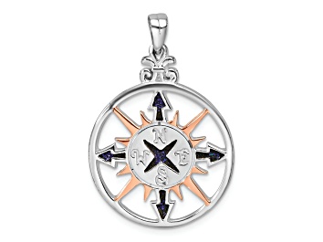 Picture of Rhodium Over Sterling Silver Polished Enameled Compass Rose-tone Pendant