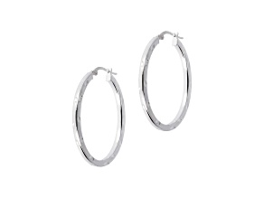 Rhodium Over Sterling Silver Polished and Diamond Cut Oval Hoop Earrings