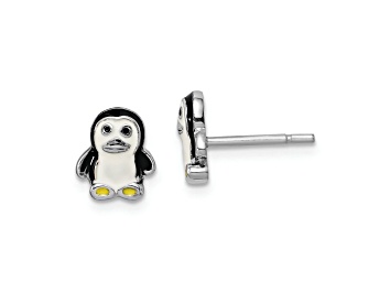 Picture of Rhodium Over Sterling Silver Childs Enamel Penguin Post Earrings