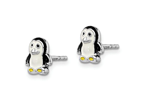 Rhodium Over Sterling Silver Childs Enamel Penguin Post Earrings