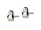 Rhodium Over Sterling Silver Childs Enamel Penguin Post Earrings