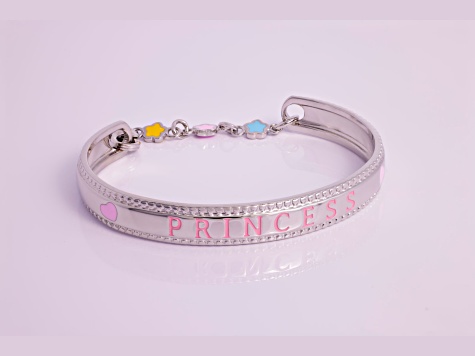 Rhodium Over Sterling Silver Enamel PRINCESS with Chain Baby Bangle