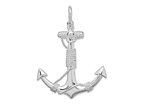 Rhodium Over Sterling Silver Polished Anchor with Rope Pendant