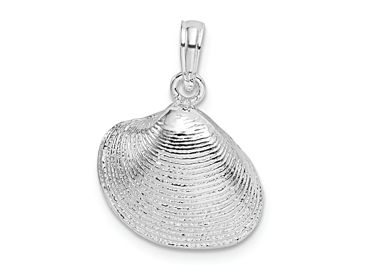 Rhodium Over Sterling Silver Polished Clam Shell Pendant