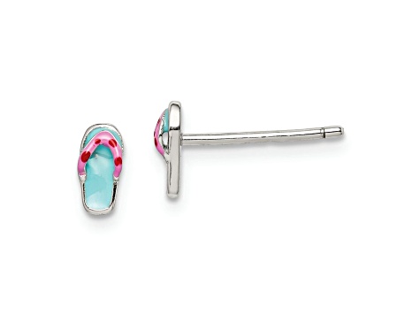 Rhodium Over Sterling Silver Teal and Pink Enamel Flip Flop Childs Post Earrings