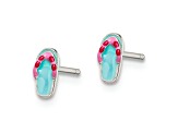 Rhodium Over Sterling Silver Teal and Pink Enamel Flip Flop Childs Post Earrings