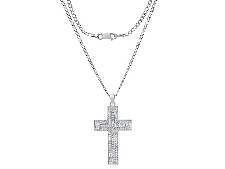 Rhodium Over Sterling Silver Men's Cross Pendant With 24 Inch Chain