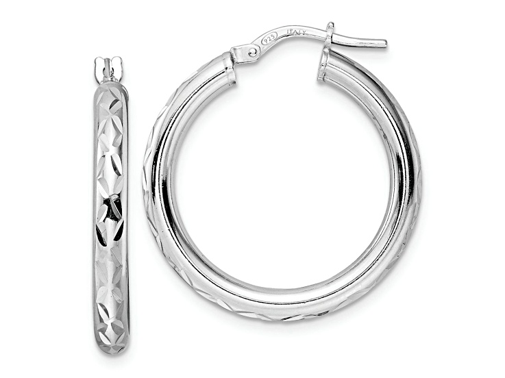 Rhodium Over Sterling Silver 1 1/8" Polished Diamond-Cut Hoop Earrings