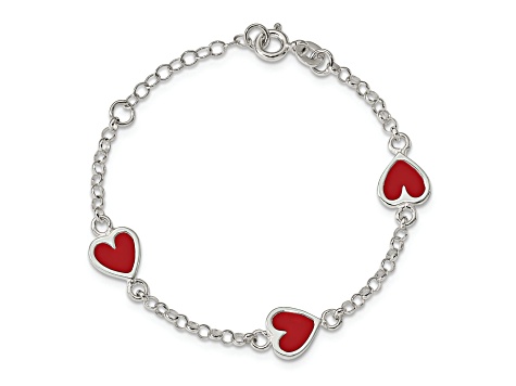 Sterling Silver Polished and Red Enamel Heart with 1-inch Extensions Children's Bracelet