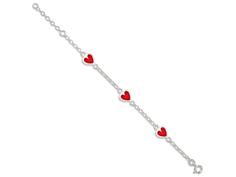 Sterling Silver Polished and Red Enamel Heart with 1-inch Extensions Children's Bracelet