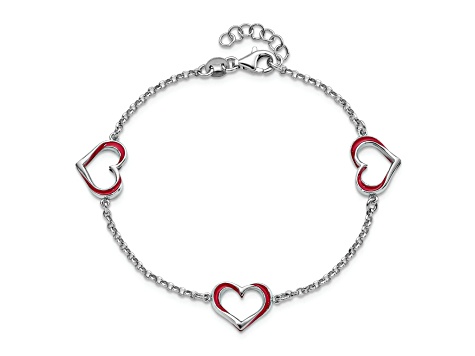 Sterling Silver Rhodium-plated Red Enamel 3-Heart with 0.5 Inch Extension Bracelet