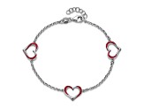 Sterling Silver Rhodium-plated Red Enamel 3-Heart with 0.5 Inch Extension Bracelet