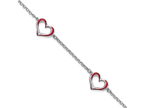 Sterling Silver Rhodium-plated Red Enamel 3-Heart with 0.5 Inch Extension Bracelet