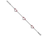 Sterling Silver Rhodium-plated Red Enamel 3-Heart with 0.5 Inch Extension Bracelet