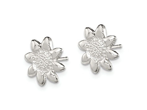 Rhodium Over Sterling Silver Polished and Textured Sunflower Post Earrings