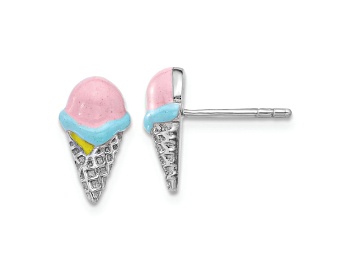 Picture of Rhodium Over Sterling Silver Enamel Ice Cream Cone Children's Post Earrings