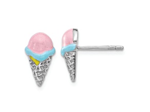 Rhodium Over Sterling Silver Enamel Ice Cream Cone Children's Post Earrings
