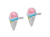 Rhodium Over Sterling Silver Enamel Ice Cream Cone Children's Post Earrings