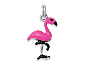 Picture of Rhodium Over Sterling Silver Hot Pink and Black Enameled Flamingo Charm