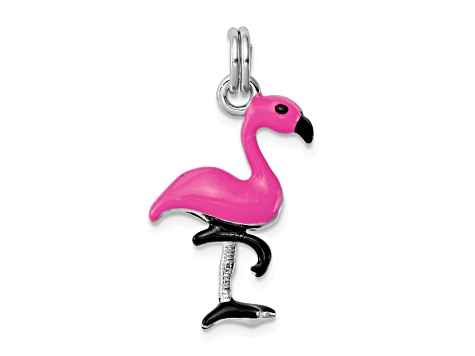 Rhodium Over Sterling Silver Hot Pink and Black Enameled Flamingo Charm