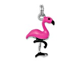 Rhodium Over Sterling Silver Hot Pink and Black Enameled Flamingo Charm