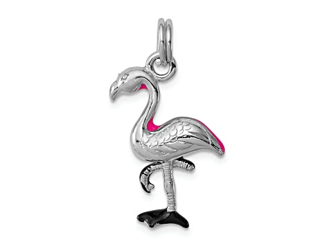 Rhodium Over Sterling Silver Hot Pink and Black Enameled Flamingo Charm