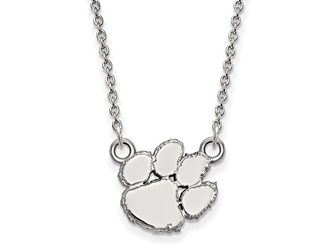 Rhodium Over Sterling Silver LogoArt Clemson University Tiger Paw Small Pendant Necklace