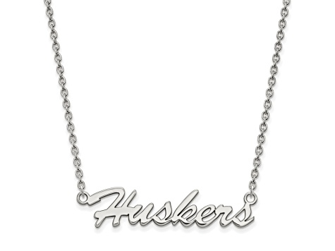 Rhodium Over Sterling Silver LogoArt University of Nebraska Huskers Script Medium Pendant Necklace