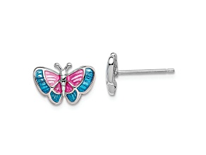 Rhodium Over Sterling Silver Enamel Butterfly Post Earrings