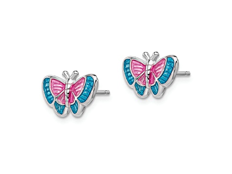 Rhodium Over Sterling Silver Enamel Butterfly Post Earrings