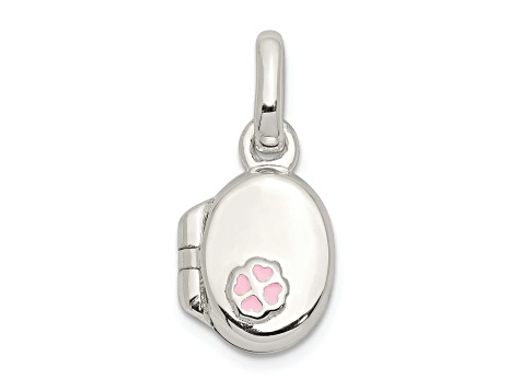 Sterling Silver Polished Pink Enamel Clover Oval Locket Children's Pendant