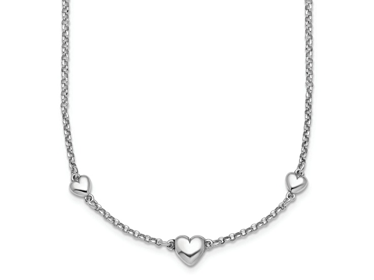 Rhodium Over Sterling Silver Polished 3 Hearts 16-inch with 2-inch Extension Necklace