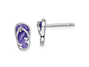 Rhodium Over Sterling Silver Purple Enameled Flip Flop Post Earrings