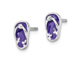 Rhodium Over Sterling Silver Purple Enameled Flip Flop Post Earrings